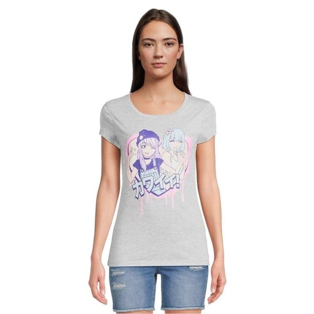 Wound Up Junior’s Small 3-5 grey Kawaii Heart Short Sleeve Graphic T-Shirt anime